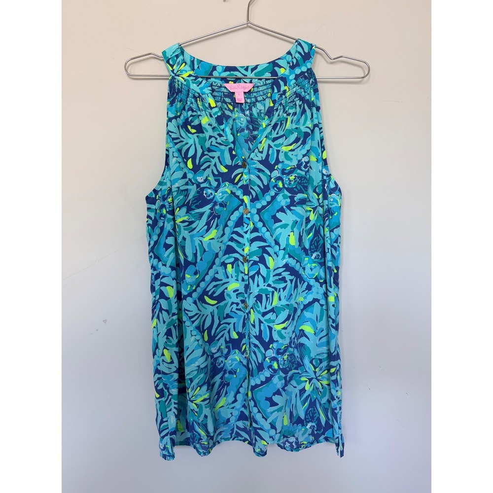 Lilly Pulitzer Silk Sleeveless Smocked Button Front Top Blue Floral Tropical L